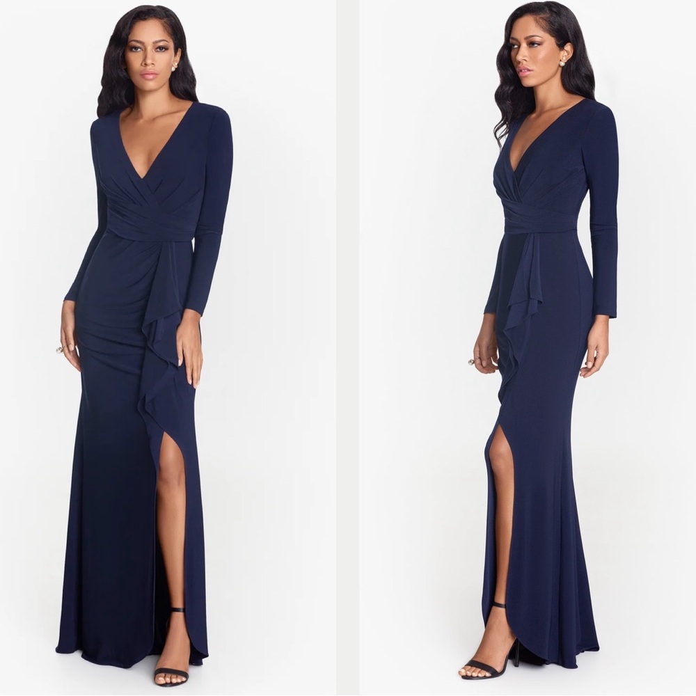 NWT Betsy & Adam Elle Long Sleeve Side Ruffled Slit Gown